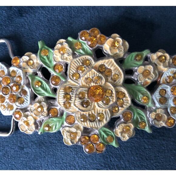 Vintage Floral Belt Buckle Enamel and Golden Rhinestones Silver Back Ornate - Picture 3 of 11